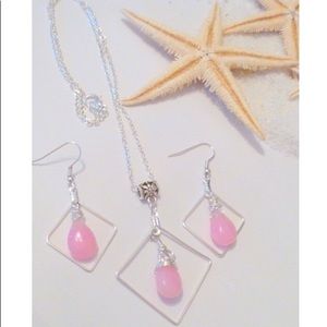 Pink jade briolette geometric necklace earrings